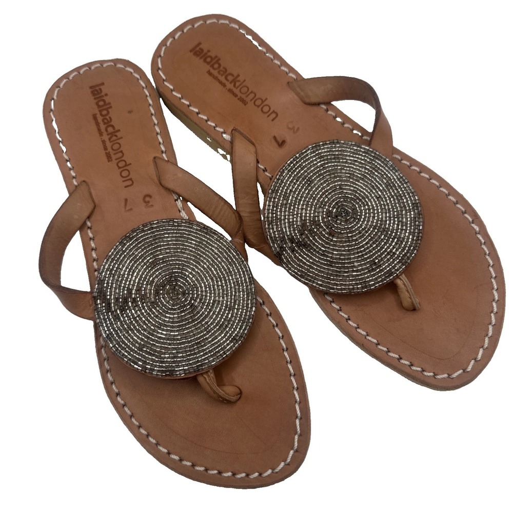 Laidback London Slide Sandals Tan Beaded Silver Medallion Leather Womens 37 6.5